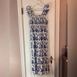 THML Blue and White Floral Smocked Top Maxi Dress